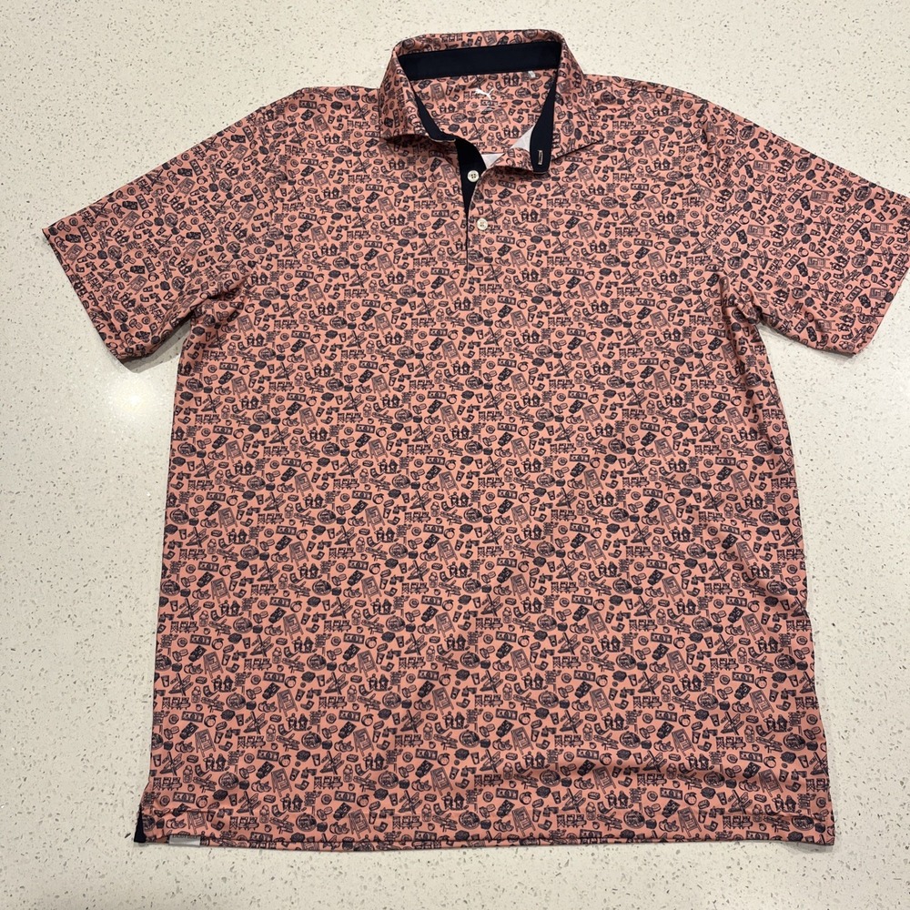 Puma Polo Shirt Mens Large Pink Food Graphic Plum Creek Golf Stretch Performance